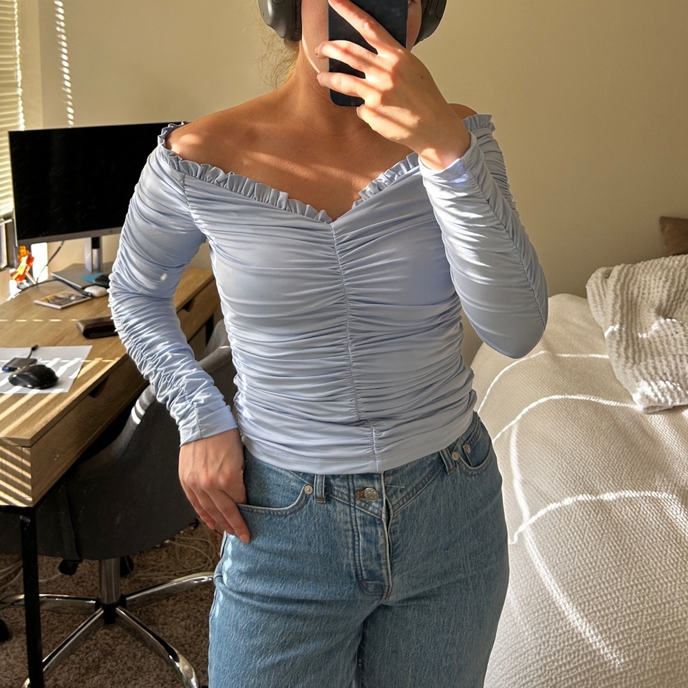 Pastel blue off the shoulder top
